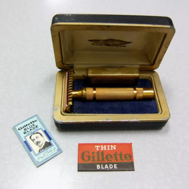 Vintage 1930's Gillette NEW Bar Handle Double Edge Safety Razor Set in Case
