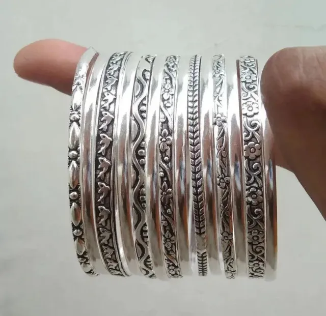 14 Set Of Silver Bangles Solid 925 Sterling Handmade Stackable Women Bangle S31