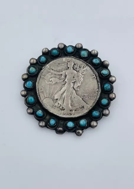 Antik Navajo Sterlingsilber Blau Türkis Freiheit Halb Dollar Anstecknadel