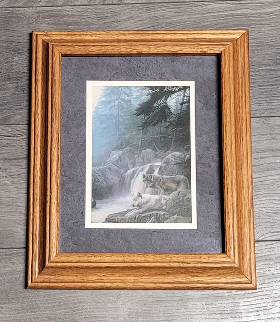 Wolves by Waterfall Framed Print 13 x 11 inches