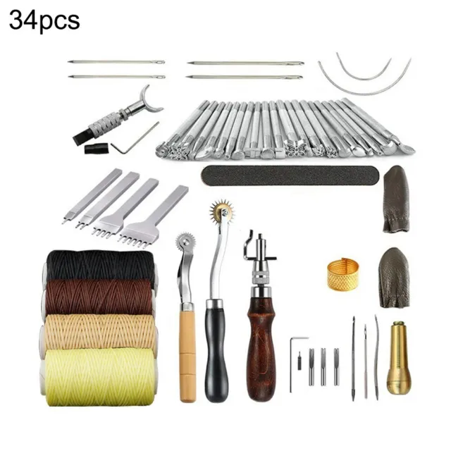 34 PIEZAS Kit de herramientas de costura Cuero Artesanal Costura Grabado Trabajo Silla de montar Groovr Traje