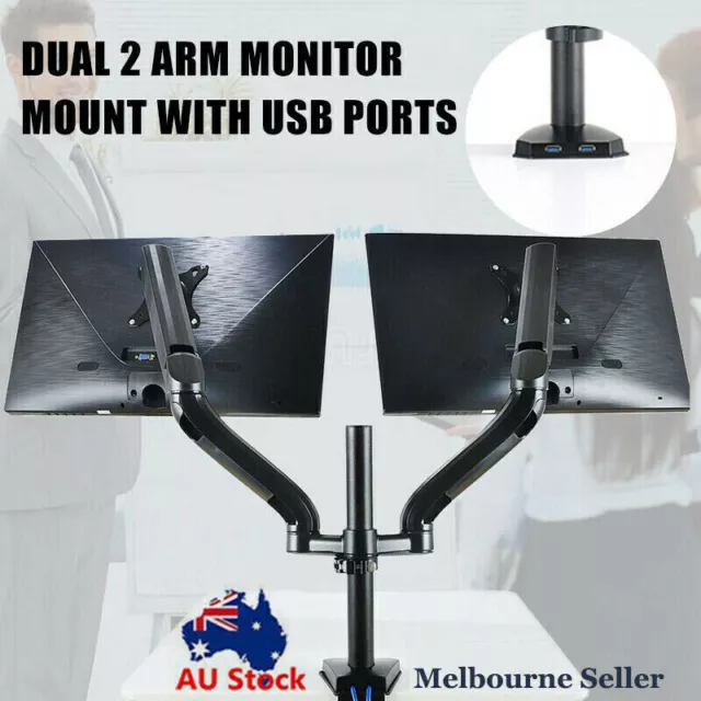 Dual Arm Monitor Stand two USB Ports HD LED LCD TV Holder Spring Desk Mount