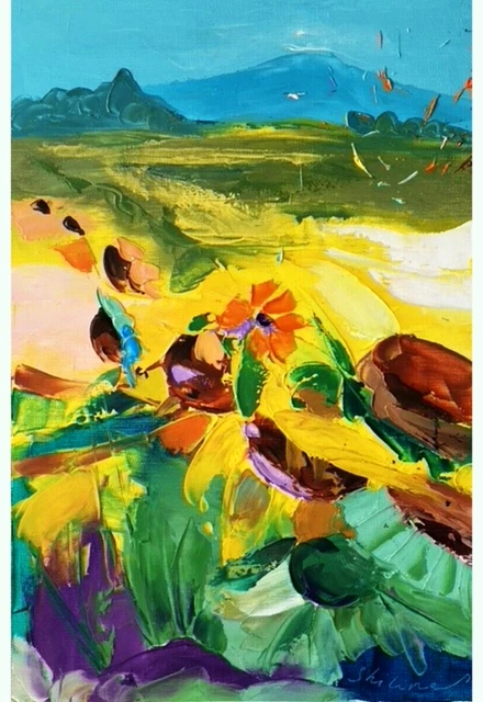Pintura al óleo Floral Arte original Pintura de flores Girasol Texturizado...