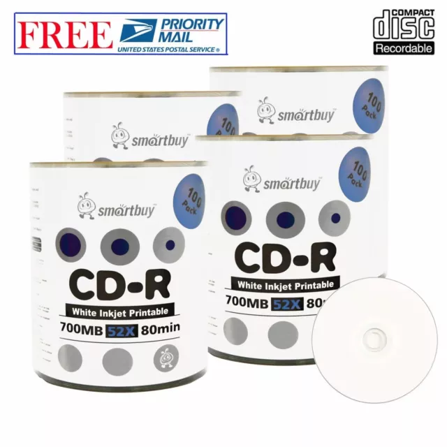 400 Pack Smartbuy CD-R CDR White Inkjet Hub Printable 52X Data Recordable Disc