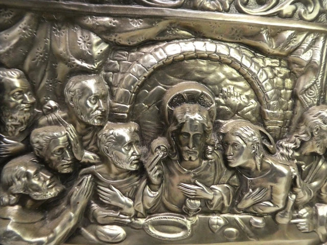VINTAGE EMBOSSED METAL Panel Last Supper Jesus Disciples Statue Wall ...