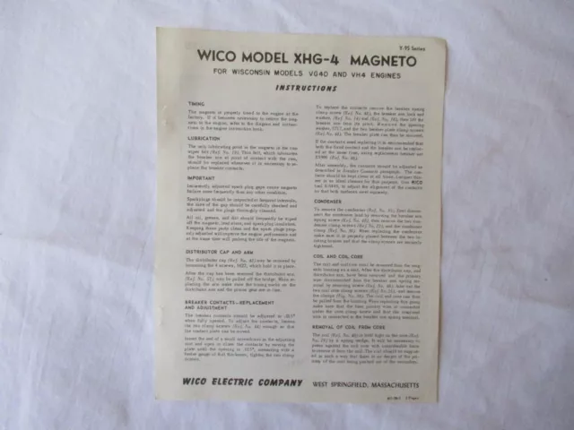 Instruction & Parts list Magneto Wico XHG-4 Y-95 for Wisconsin stationary engine