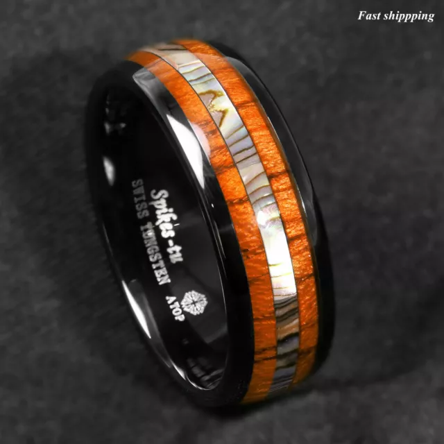 8mm Black Tungsten carbide ring Koa Wood Abalone ATOP Wedding Band Men's Jewelry