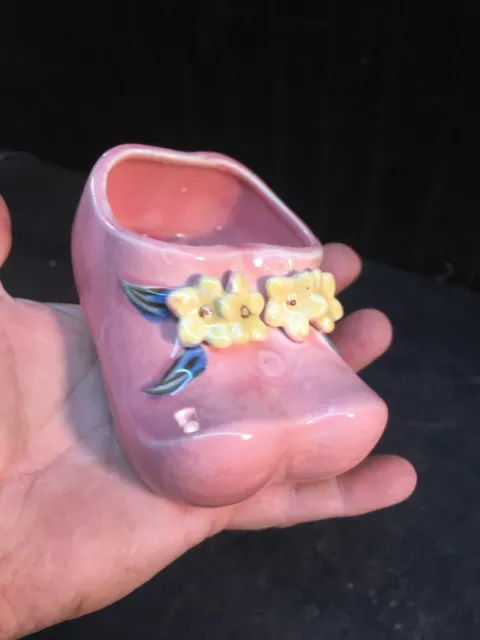 Vintage Japan Ceramic Planter Pink Pair of Baby Shoes with Yellow Flowers 4.5in