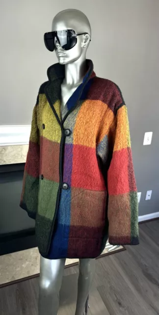 Vtg 90’s Y2K LILLUNN NORWAY Lagenlook PLAID OMBRE Wool OVERSIZED Jacket S 🧶