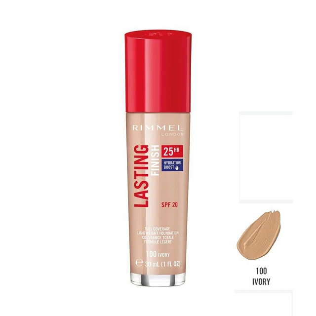 Base líquida con acabado duradero RIMMEL maquillaje facial cobertura completa 100 marfil 30 ml