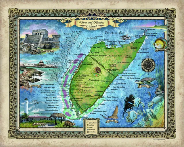 Scuba Cozumel Historic Map Art Poster Print Wall Décor Unique Christmas Gift