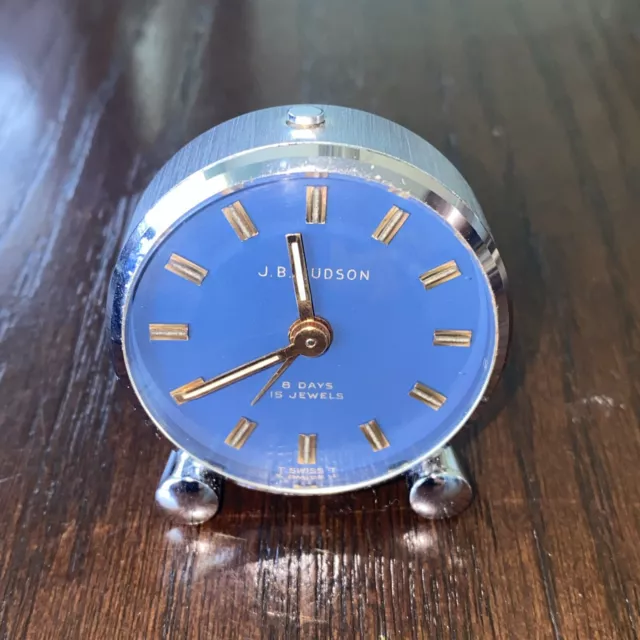 J.B.Hudson Travel Alarm Clock Swiss Made 15 Jewels  W/Case Mid Century Art Deco