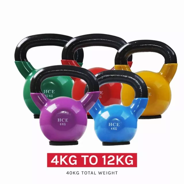 HCE 4 to 12kg (40kg) Kettle Bell Set Vinyl Coated Cast Iron Kettlebells Home Gym