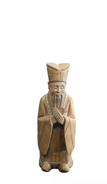 Vintage Monk Chinese/ Japan 11" Olive Wooden Hand Carved Old Monk Man Statue