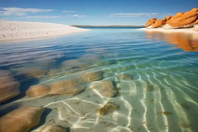 Kristallklares Wasser, umgeben von Sanddünen, erstellt mit generativer KI (20928