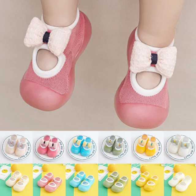 Girls Boys Baby Infant Bow Cotton Soft Rubber Sole Anti-slip Flats Sock Shoes UK