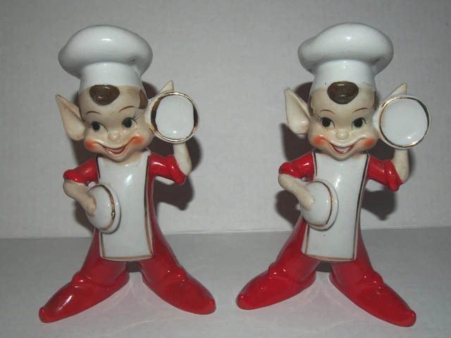 VTG Japan 2 PIXIE ELF Chef Cooking Figurines Pixieware Larger size 6.5" tall