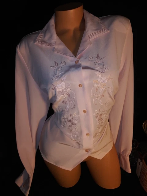 Vtg Blouse Satin Pink embroidery Office Gal Party Evening Party Blouse Top L 44