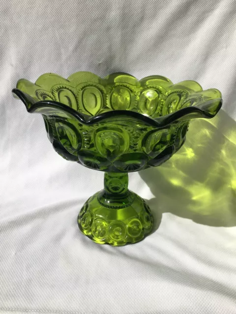 Vtg LE Smith Moon Stars Pedestal Compote Candy Dish Pressed Glass Emerald Green