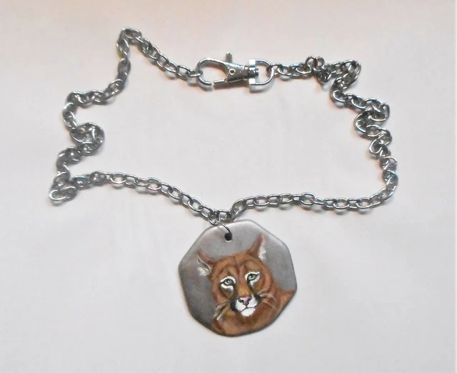 Puma Panther Cougar Chain Necklace Hand Painted Ceramic Pendant Unisex Jewelry