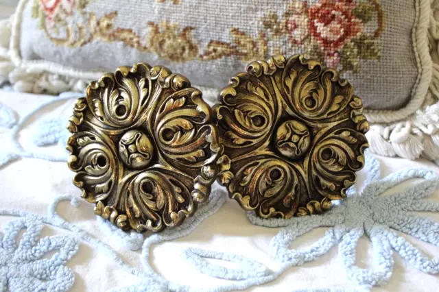 Round Medallion Rosette Brassy Gold Drapery Curtail Tie Backs W/ Screws USA