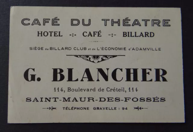 Carte de visite Café du théâtre SAINT MAUR DES FOSSES billard club visit card