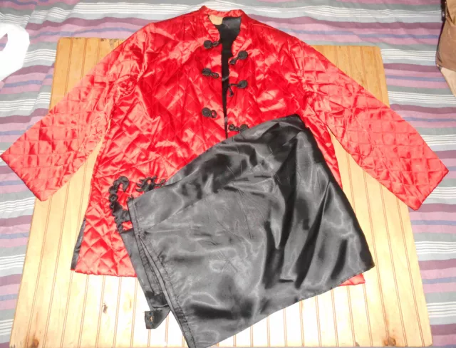 Vintage Satin Quilted Bed Jacket Asian Style sz 18 Red w/Black Satin Pants as-is Vintage Satin Quilted Bed Jacket Asian Style sz 18 Red w/Black Satin Pants as-is