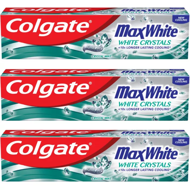 3 x COLGATE MAX WHITE White Crystals Whitening Cooling Daily Toothpaste 100ml