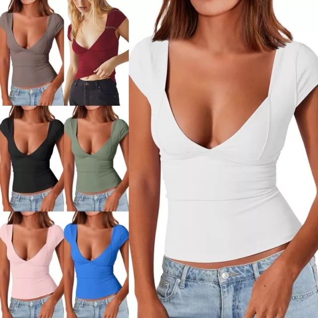 Women Summer Tops Deep V Neck T Shirt Ladies Comfy Dailywear Short Sleeve