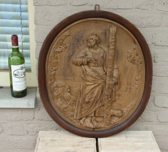 Antique French wood carved religious medaillon wall panel plaque Saint peter