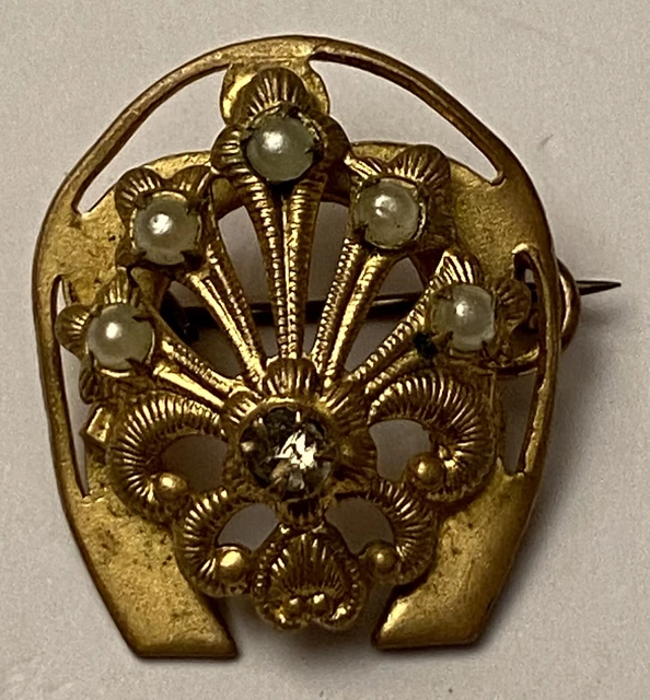 Broche Ancienne Fer à Cheval - Couleur Or Avec Perles De Verre - Occasion