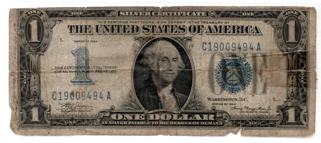 1934 Series Circulated Note $1 Blue Seal Silver Certificate FUNNY BACK NOTE