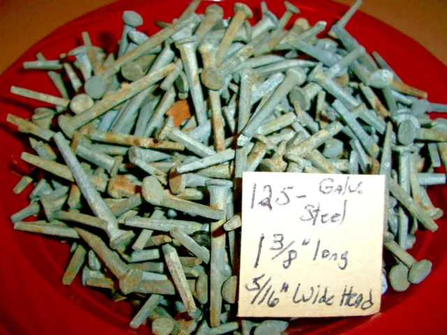125 + Orig. Antique, 1 3/8" Long Square, Galv. Steel Nails, Barn Find ! - N.o.s.