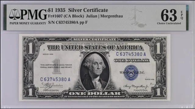 Series 1935 $1 Silver Certificate Fr.1607 CA Block PMG 63EPQ Choice Uncirculated
