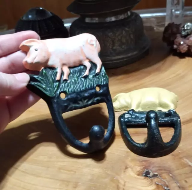 2 hand-painted farm pig theme cast iron single wall hooks. Coat, towel