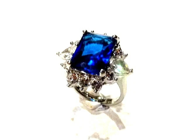 Bague Cocktail Vintage Argent Saphir Bleu Et Cristaux - Taille 49 (occasion)