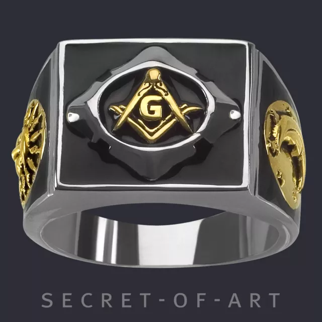 Masonic Ring Freemason Signet Ring Master Mason 925 Silver 24K-Gold-Plated-Parts
