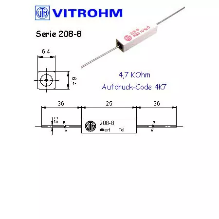 Draht-Widerstand  4,7 kOhm 5W 10% 6,4x6,4x25mm Vitrohm