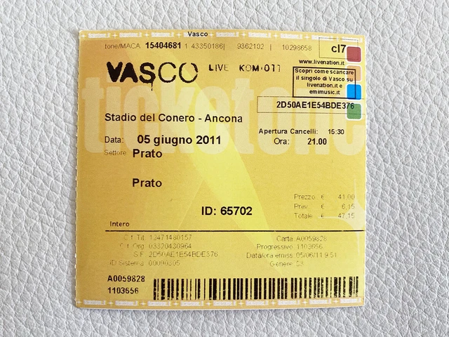 Biglietto Concerto Vasco Rossi Live Kom 2011 Ancona - Usato