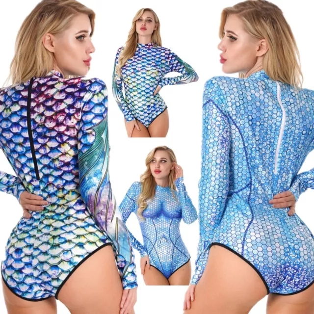 Women's Mermaid 3D Print Costume Zip Back Swimsuit Bodysuit one Piece Swimwear