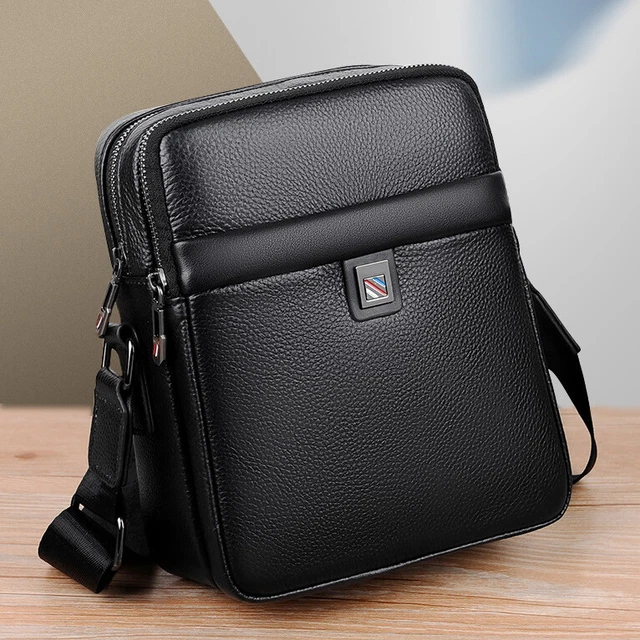 100% Genuine Leather Men's Double Zipper Sling Shoulder Messenger Bag Crossbody