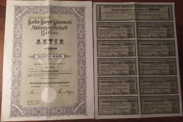 Germany 1923 Berlin Burger Eisenwerk AG 1000 Mark Coupons NOT CANCELLED Bond