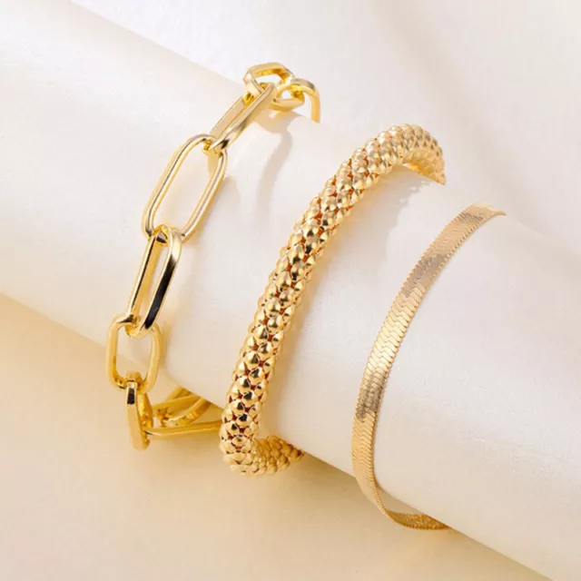 3PCS/Set Fashion Thick Chain Link Bracelets Bangles For Women Vint#km