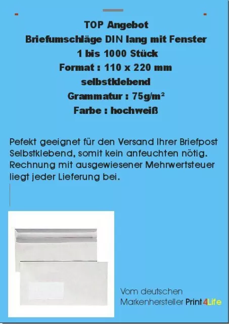 1a Briefumschläge Umschlag Brief DIN lang 110 x 220mm selbstklebend mit Fenster