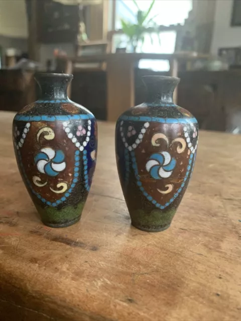 Antique Miniature Japanese Gold Glitter Cloisonne vases Circa 1900-20 FREE SHIP!