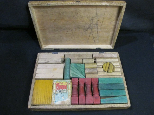 BOITE JEU CONSTRUCTION ANCIEN En BOIS JURA CASTOR 46 Pièces VIEUX JOUET Vitrine Imgx2000 8264