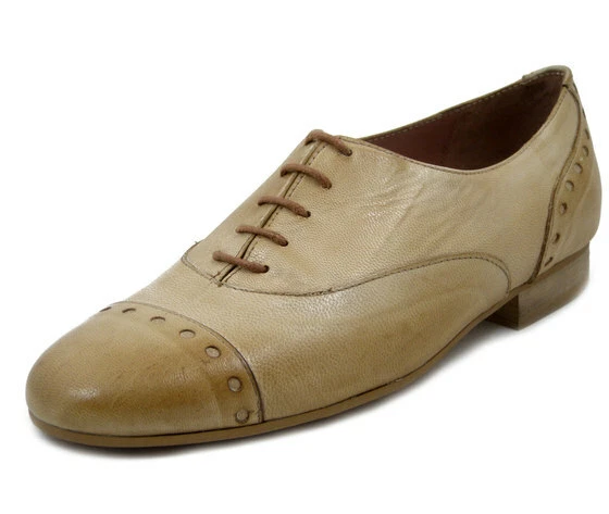 SCARPE DONNA CASUAL Stringate Francesine Pelle Beige Tacco Basso