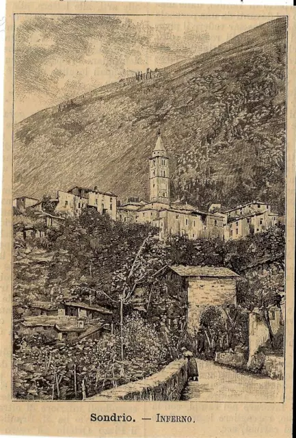 Stampa antica MONTAGNA IN VALTELLINA panorama Sondrio 1891 Old antique print