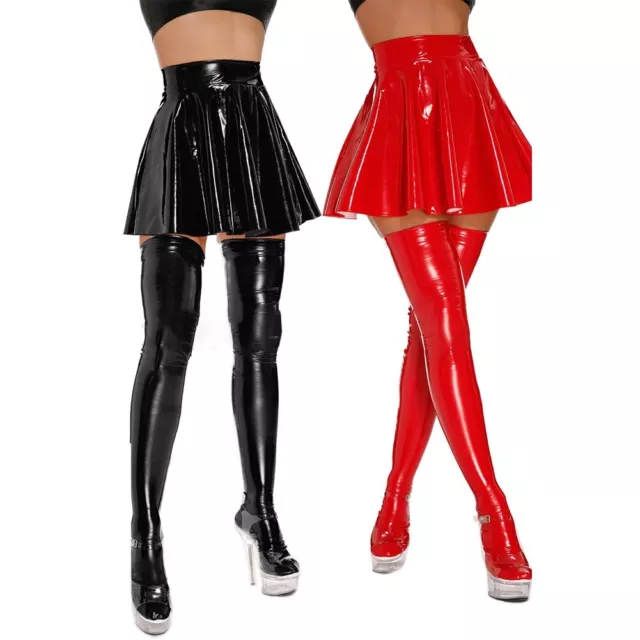 Mini-jupe plissée noire danse fête vêtements club look humide cuir PVC