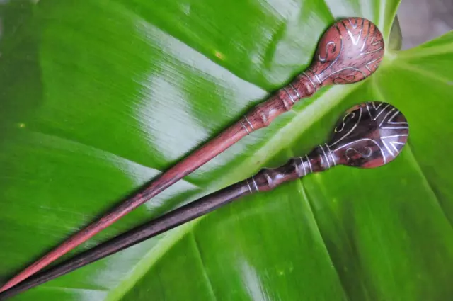 Carved short wooden HAIR STICK PICK or SHAWL PIN metal inlay Sono wood handmade
